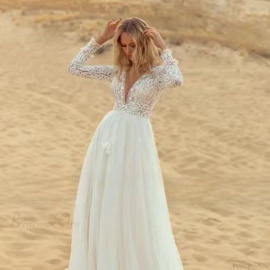Deep V-Neck Long Sleeve Lace Wedding Dress lvory white / 2 weddingdress-250223