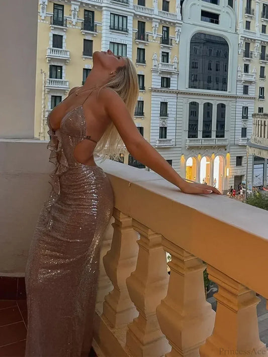 Deep V Neck Sequin Suspender Party Dress Partydress-241208