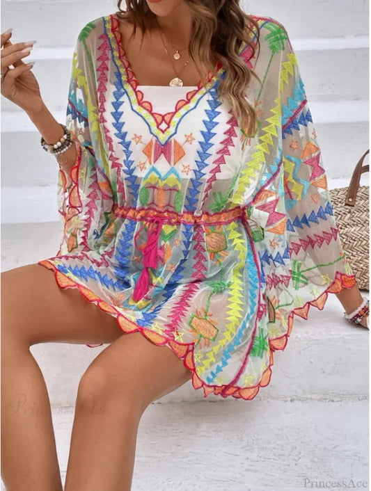 Deep V-neck Tunic Lace Boho Mini Beach Cover up as picture / One Size bohocoverup-250126