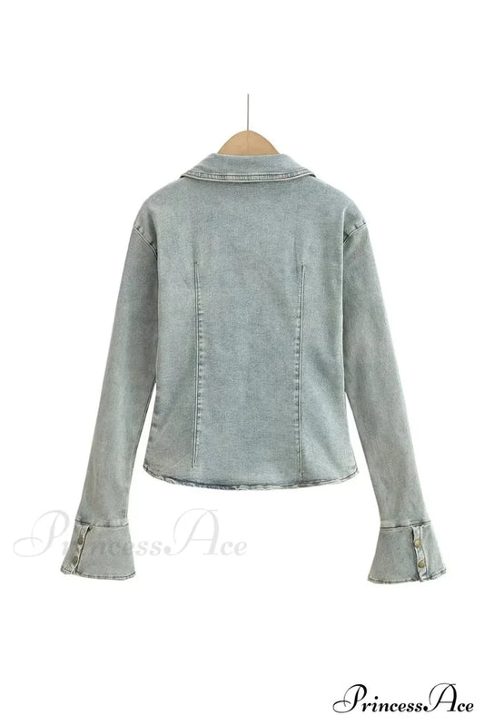 Denim Blouse With Bell Sleeves And Lapel Blue / L Blouses
