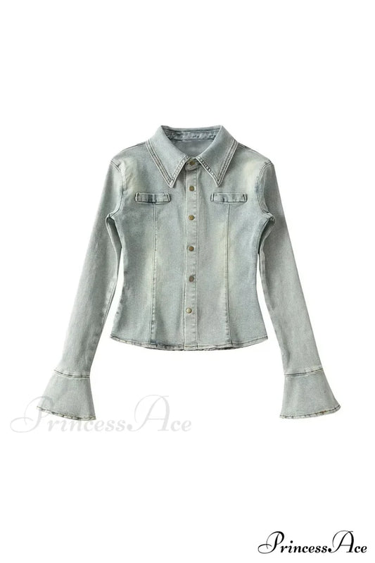 Denim Blouse With Bell Sleeves And Lapel Blue / S Blouses