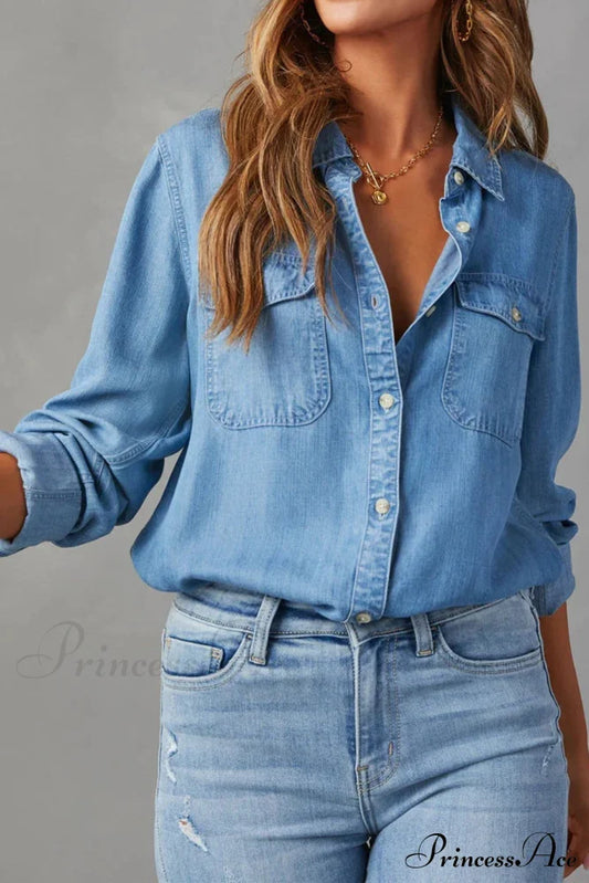 Denim Button-Up Blouse Blue / M Blouses