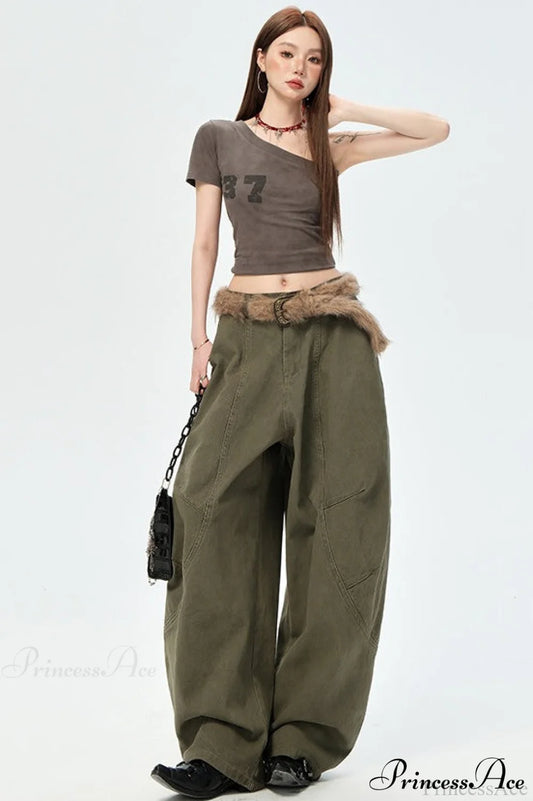 Denim Curved Loose Straight Cargo Pants Army Green / XS