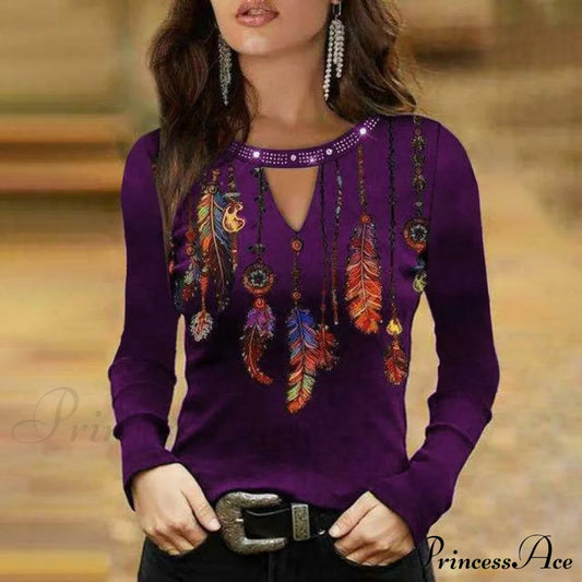 Sexy Feather Print Shirt Purple Best Sellings clothes Plus Size Sale tops Topseller