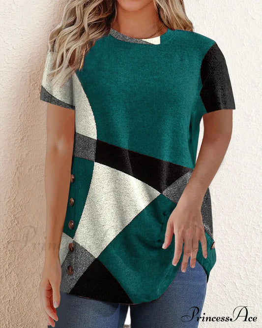 Contrast T-shirt with Geometric Print Green 23BF clothes Short Sleeve Tops T-shirts Tops/Blouses