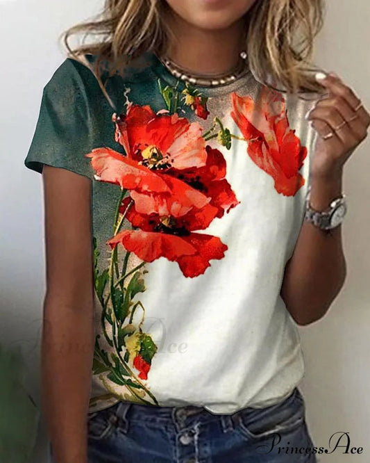 Round neck floral print short sleeve t-shirt Green 23BF clothes Short Sleeve Tops Summer T-shirts Tops/Blouses