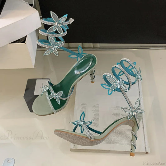 Designer Green Gladiator Rhinestone Butterfly Ankle Snake Twine Party High Heel