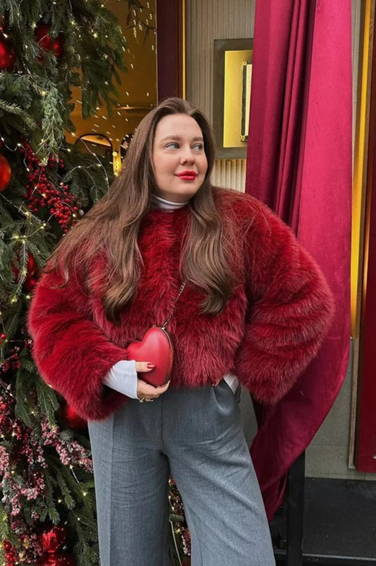 Faux Fur Blend Red Outerwear