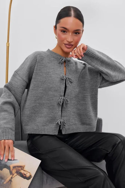 Tie Front Crew Neck Relaxed Knit Cardigan
