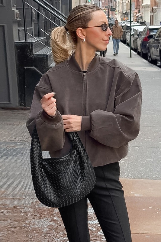 Blouson aviateur rétro en daim gris