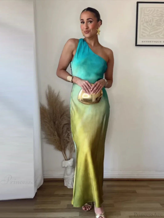 Diagonal Collar Gradient Vacation Dress blue / S vacationdress-250223