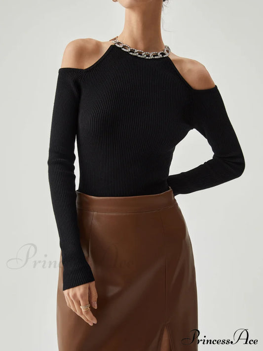 Diamante Neckline Cutout Trendy Long Sleeve Knit Top Black / S Sweaters-L