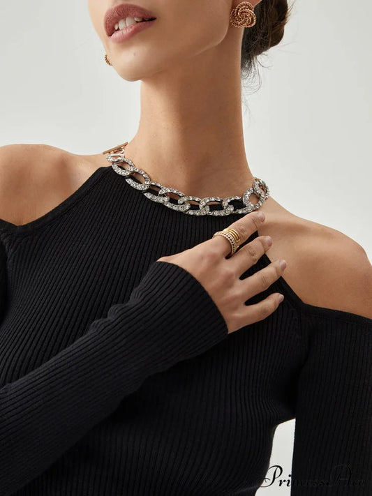 Diamante Neckline Cutout Trendy Long Sleeve Knit Top Sweaters-L