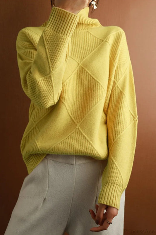 Diamond Pattern Turtleneck Loose Long-Sleeve Sweater Yellow / S