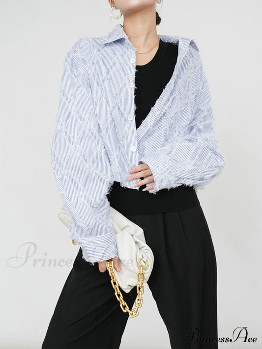 Diamond Pattern With Trendy Tassel Line Shirt Blue / Xs Shirts