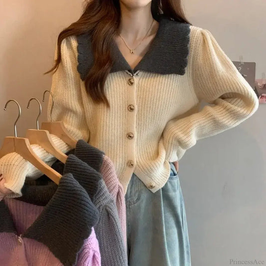 Doll Neck Single Breasted Loose Knit Cardigan cardiagn-250126