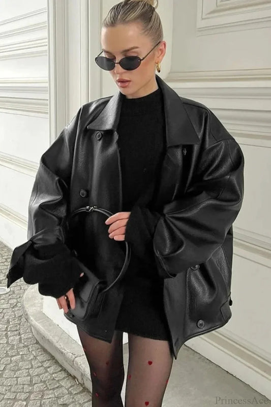 Double Breasted Black Lapel Leather Coat