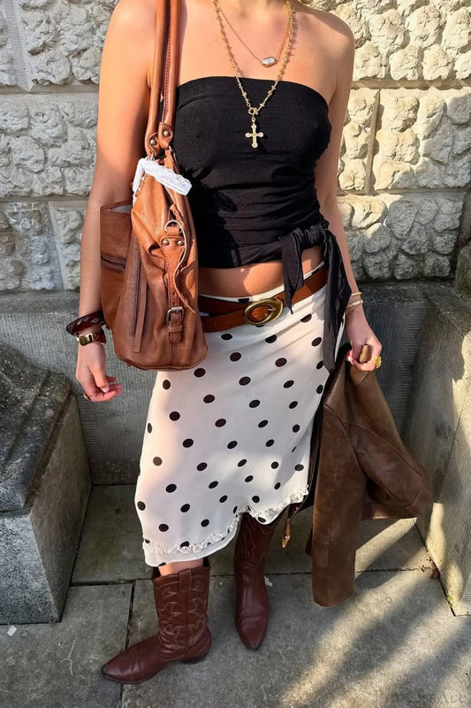 Draped Polka Dot High Waist Skirt White / S