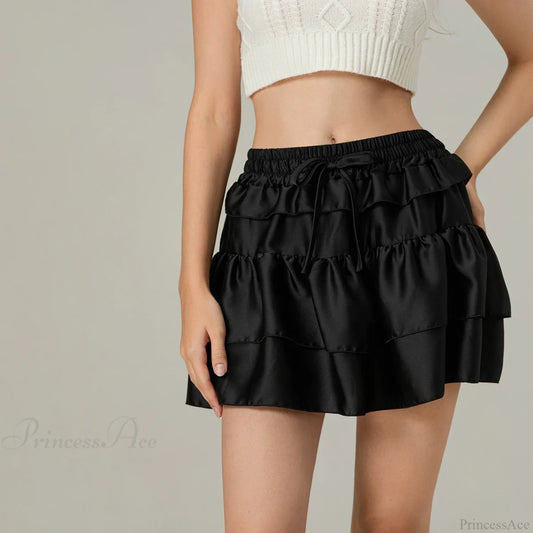 Drawstring Layered Ruffles Skirt Black / S skirts-250223
