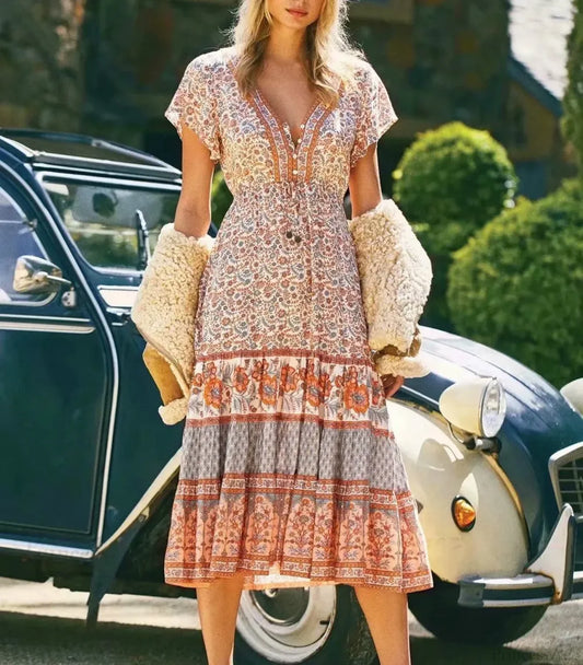 Drawstring Waist Midi Dress Vintage Floral Cotton Casual Summer Dress bohodress-250126