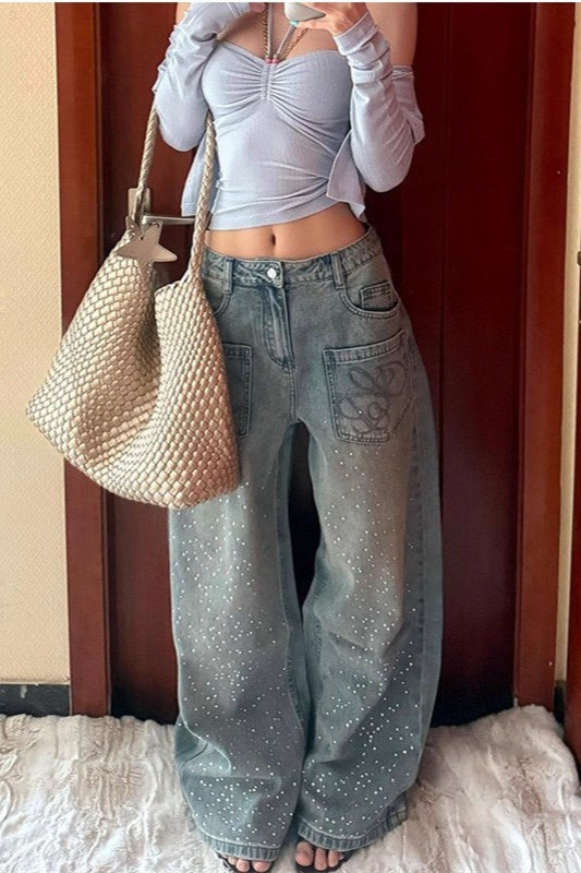 Vintage Rhinestone Wide Leg Jeans