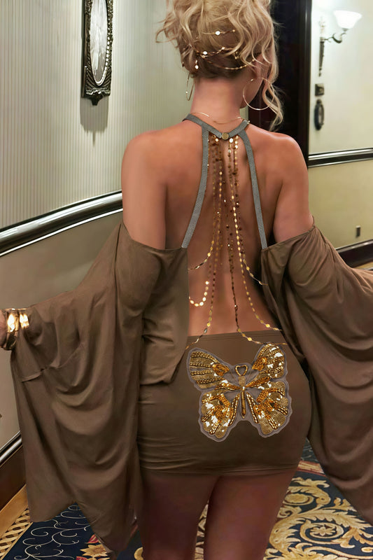 Backless Chain Bodycon Batwing Sleeve Mini Dress