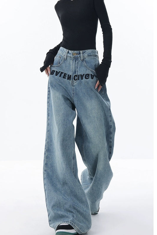High Rise Embroidered Wide Leg Jeans Blue / S