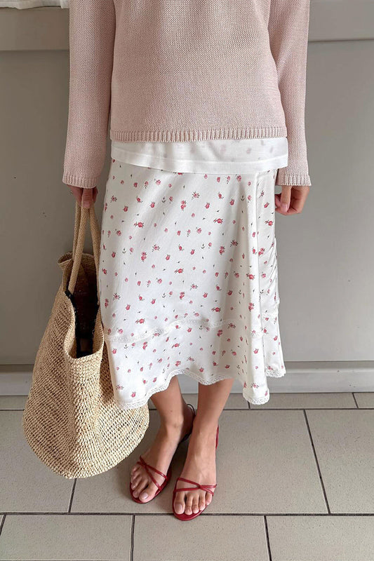 Jupe midi à empiècements en dentelle florale