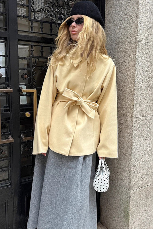Solid Color Belted Midi Wool Blend Coat