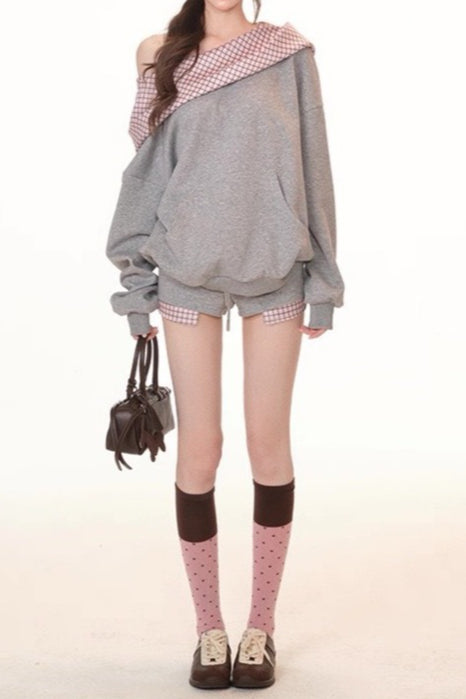 Cute Plaid PatchworkOff-the-shoulder Oversized Two Piece Set