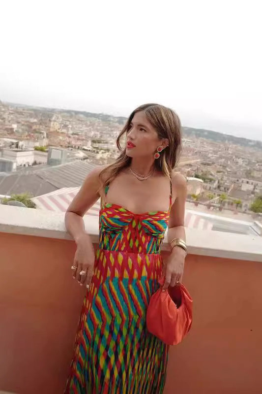 Robe longue bohème imprimée à bretelles