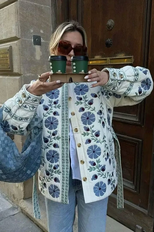 Doudoune en coton à imprimé floral et ceinture nouée