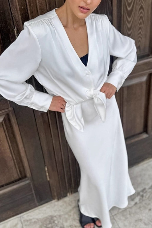 Satin Acetate-like V Neck Tie Long Sleeve Skirt Set