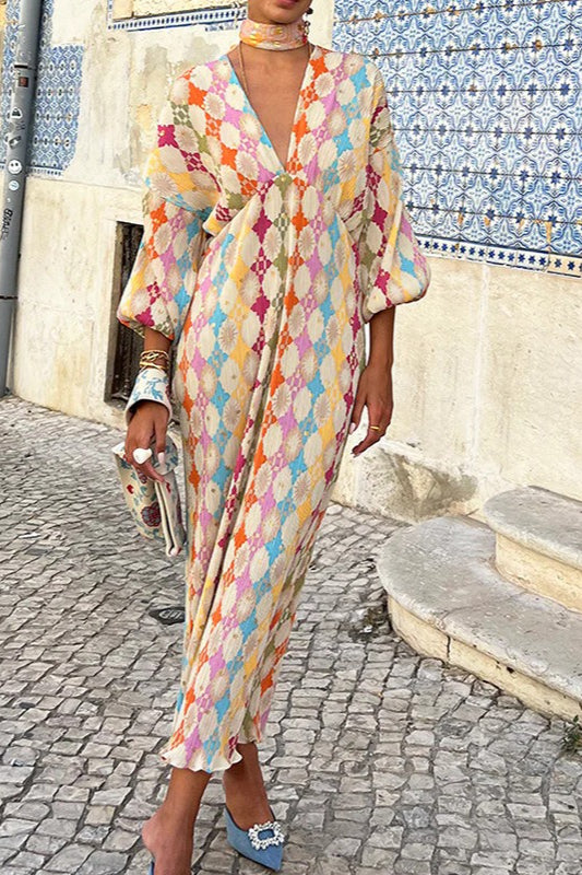 Robe bohème élégante à fleurs et col en V, manches lanternes