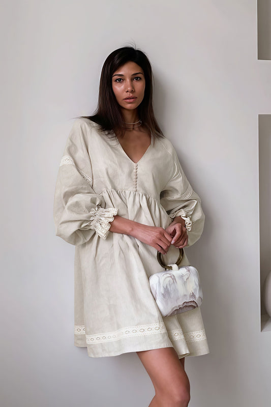 Cotton Linen V Neck Lantern Sleeve Loose Mini Dress