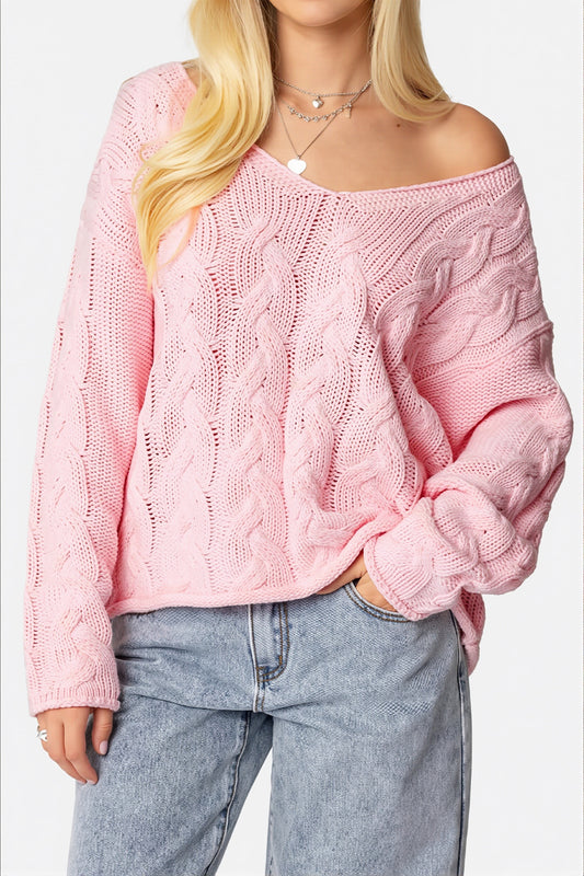 Cable Knit Relaxed V Neck Sweater