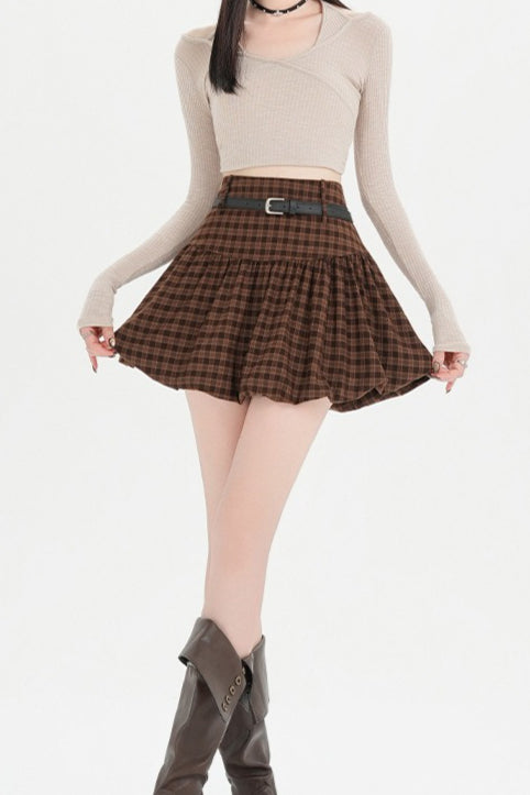 Plaid Bubble A-line Khaki Short Skirt