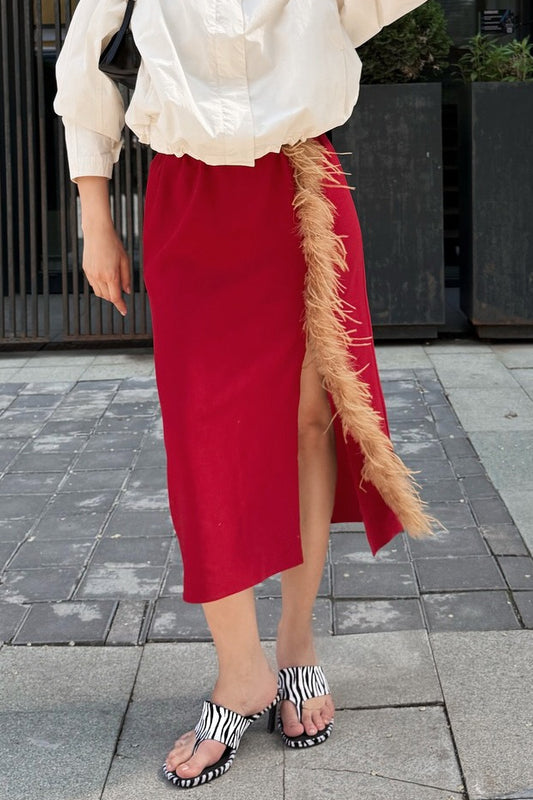 Feather-Trim Side-Slit Midi Skirt