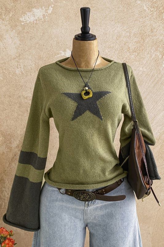 Star Graphic Bell Sleeve Boat Neck Sweater