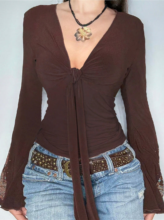 Chemisier vintage à manches longues et col en V imprimé