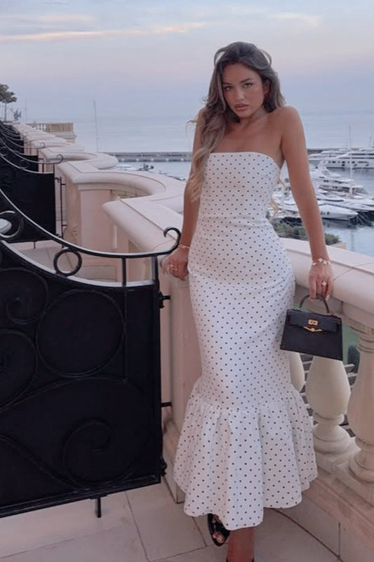 Robe longue sirène sans bretelles à pois