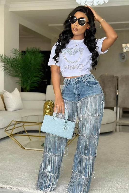 Jean droit à franges et sequins