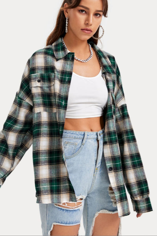 Plaid Stand Collar Button Shirt Blouse