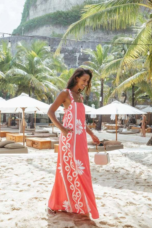 Robe longue trapèze à imprimé floral et épaules dénudées