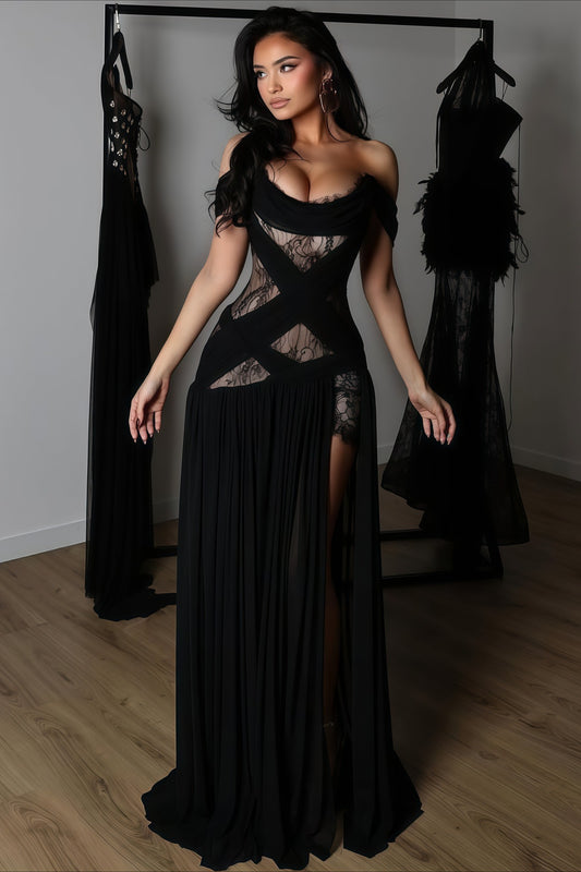 Sexy Lace Patchwork Cutout Sheer Slit Maxi Dress