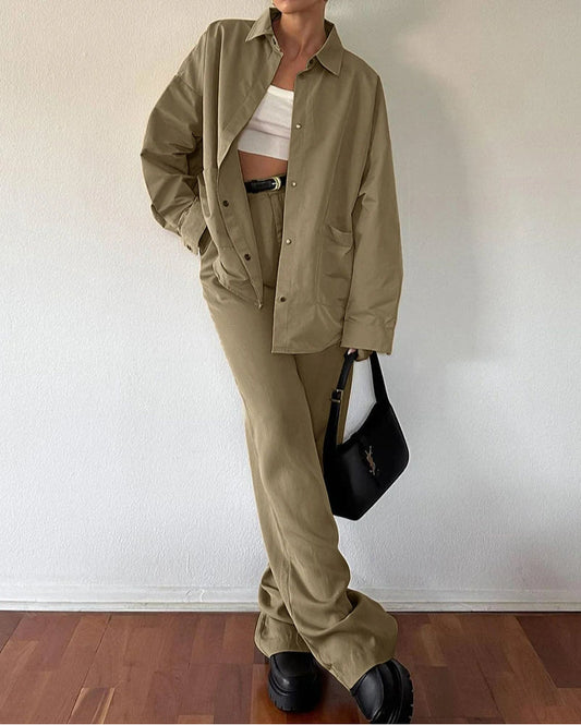 Ensemble deux pièces de bureau avec pantalon taille haute en coton marron