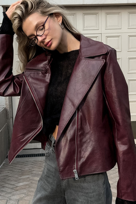 Manteau blazer en cuir PU rouge angora