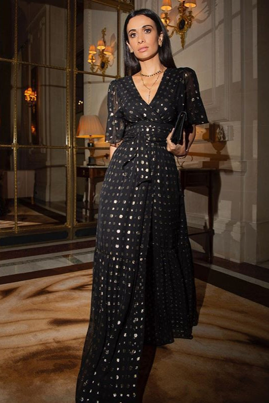 Robe longue sexy à pois et col en V