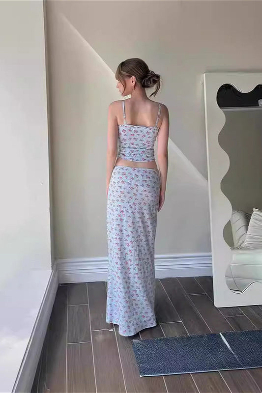 Ensemble deux pièces haut caraco imprimé floral jupe longue mi-longue