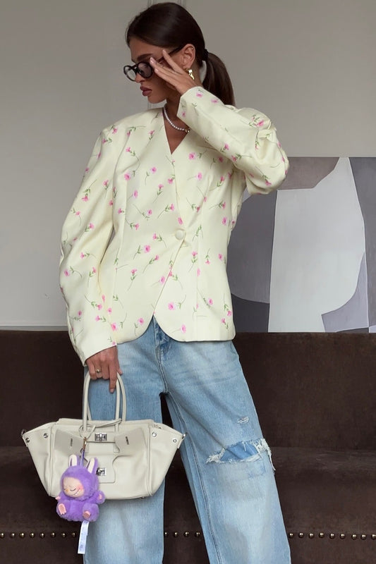 Manteau romantique à col en V et motif floral